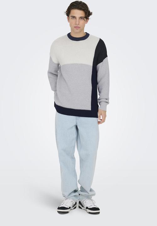 Only & Sons - Onskendruck Life Ds 5 Block Crew Knit - Light Grey Melange