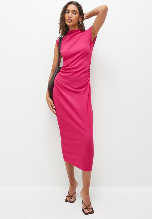 Superbalist - extended sleeve texture midi dress- dark fuchsia