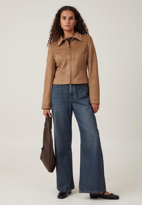 Cotton On - Faux suede fitted zip jacket - tan