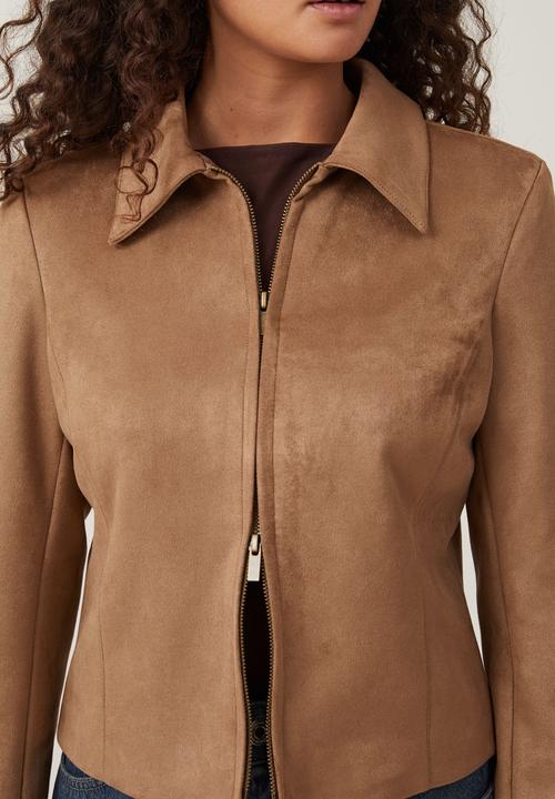 Cotton On - Faux suede fitted zip jacket - tan