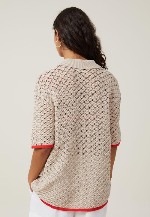 Cotton On - Cora crochet knit shirt - stone/summer red