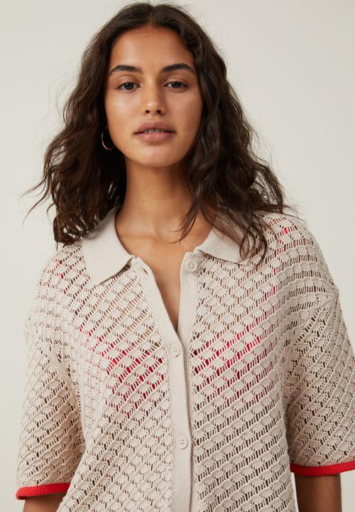 Cotton On - Cora crochet knit shirt - stone/summer red