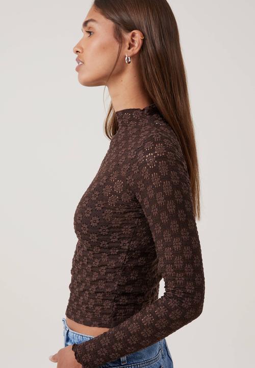 Cotton On - Luna textured mock neck long sleeve top - dark oak