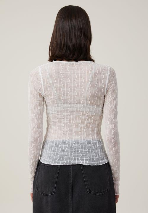 Cotton On - Halle textured mesh crew neck long sleeve top - off white