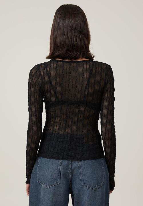 Cotton On - Halle textured mesh long sleeve top - black