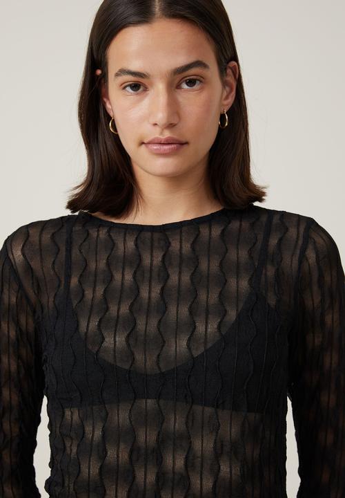 Cotton On - Halle textured mesh long sleeve top - black