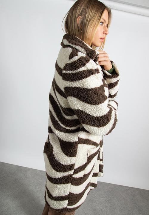 Daisy Street - Swirl print borg coat - chocolate brown and cream