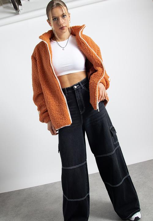Daisy Street - Sleeve detail borg jacket - burnt orange