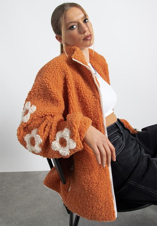 Daisy Street - Sleeve detail borg jacket - burnt orange