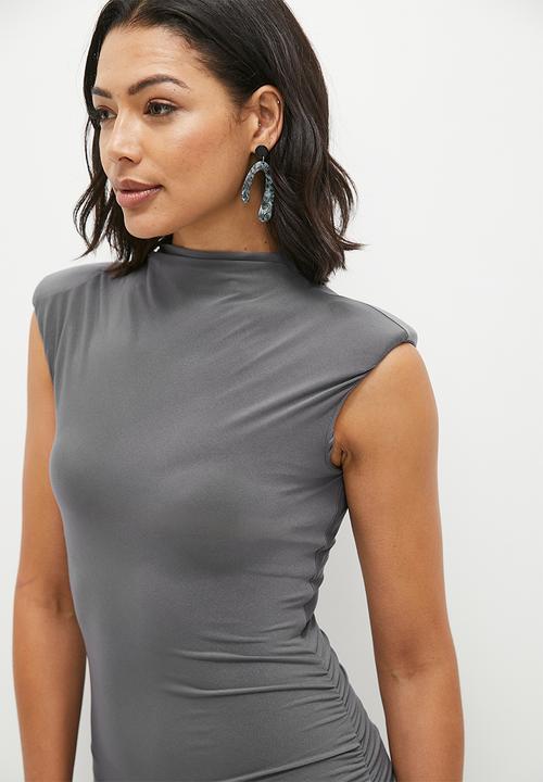 edit - Sleeveless drape detail knit midi dress with slits - dark grey
