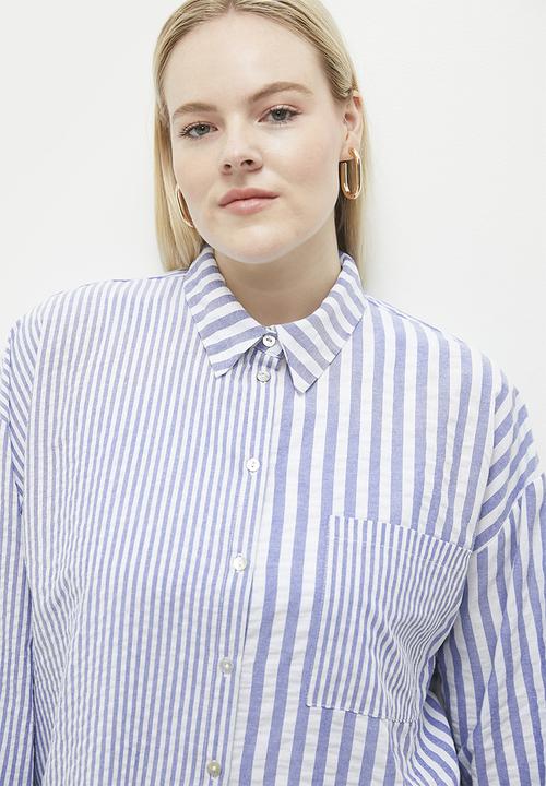 Me&B - Plus The Ultimate Oversized Shirt in Mixed Stripe - Blue Stripe