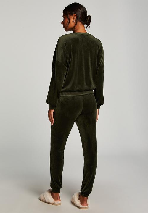 Hunkemoller - Top long sleeve velours crew - kombru green