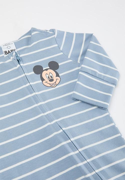 Cotton On - The long sleeve zip romper- lcn - lcn dis dusty blue/vanilla mickey badge