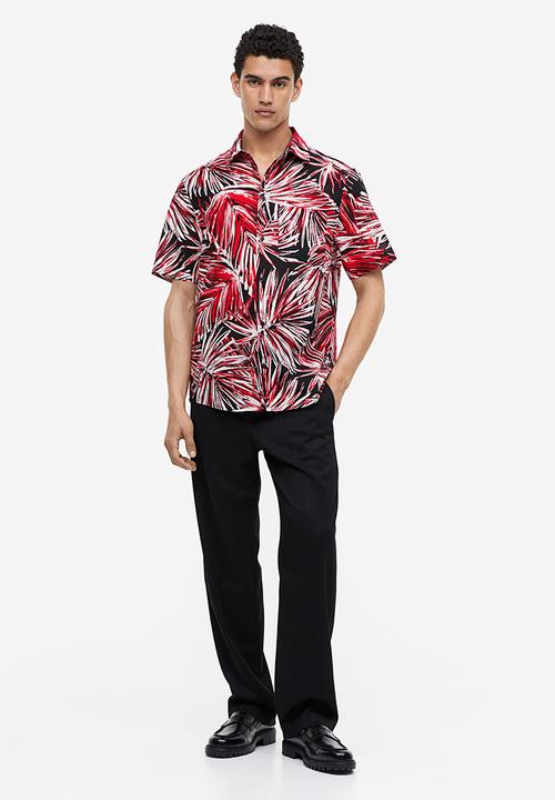 H&M - Cotton shirt regular fit - red & leaf-patterned