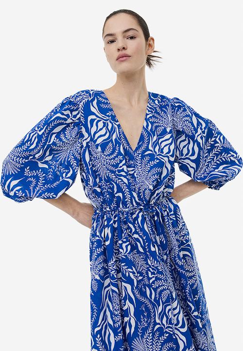 H&M - Balloon-sleeved cotton dress - bright blue patterned 