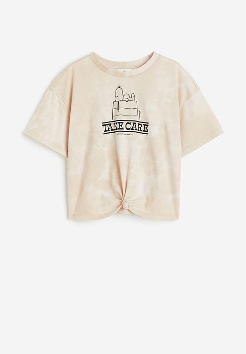 H&M - Tie-hem t-shirt - beige snoopy