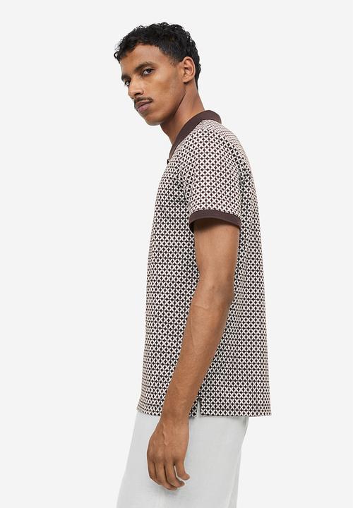 H&M - Slim fit jacquard-knit polo shirt - brown/patterned