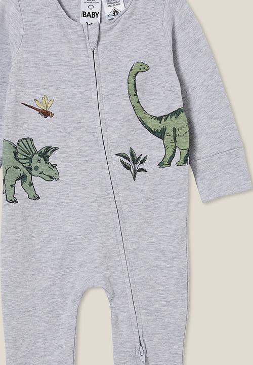 Cotton On - The long sleeve zip footless romper - cloud marle/dino spotting