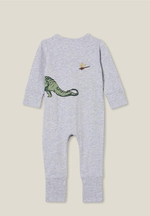 Cotton On - The long sleeve zip footless romper - cloud marle/dino spotting