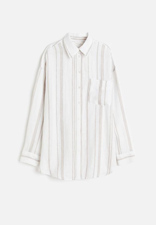 H&M - Oversized linen shirt - white & beige striped 