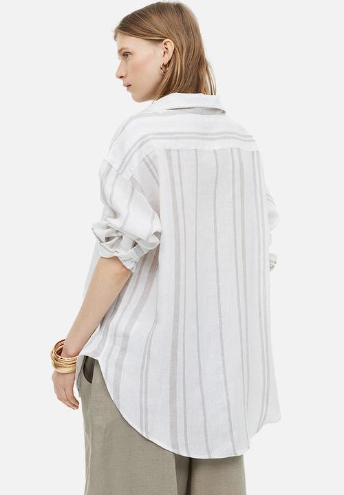 H&M - Oversized linen shirt - white & beige striped 