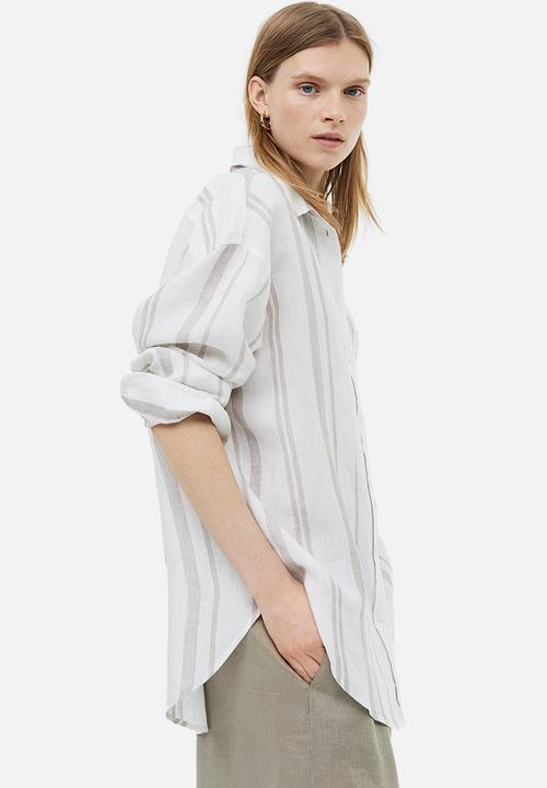 H&M - Oversized linen shirt - white & beige striped 