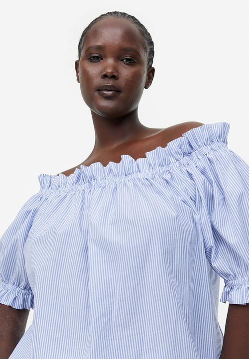 H&M - Frill-trimmed off-the-shoulder top - blue/striped