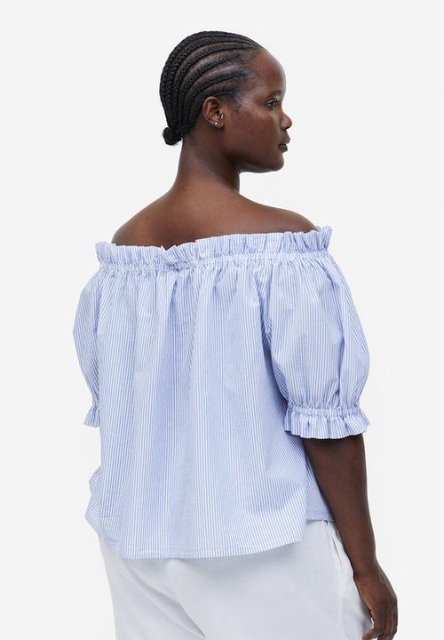 H&M - Frill-trimmed off-the-shoulder top - blue/striped
