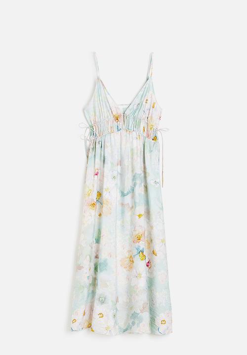 H&M - Drawstring-detail dress - light green floral 