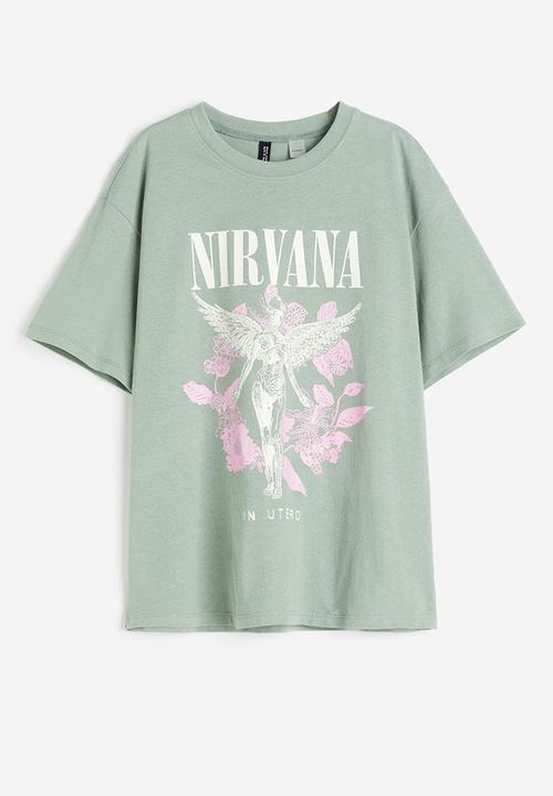 H&M - Oversized printed T-shirt - light khaki green nirvana