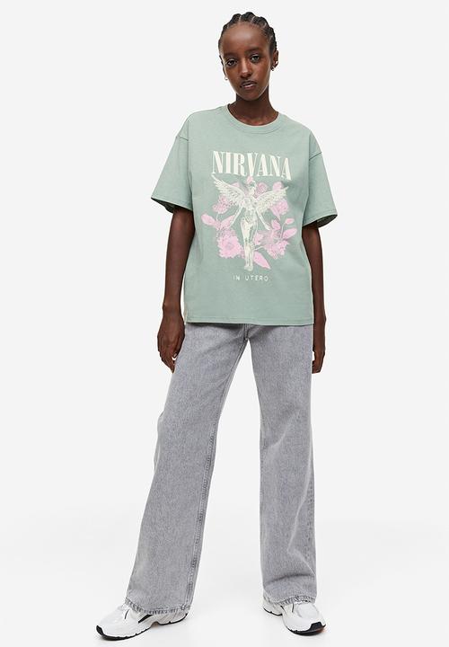 H&M - Oversized printed T-shirt - light khaki green nirvana