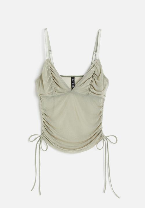 H&M - Drawstring-detail mesh top - light khaki green 