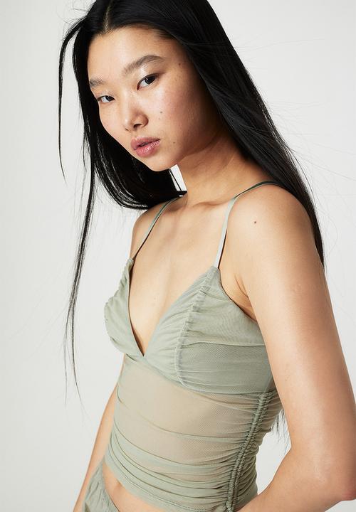 H&M - Drawstring-detail mesh top - light khaki green 