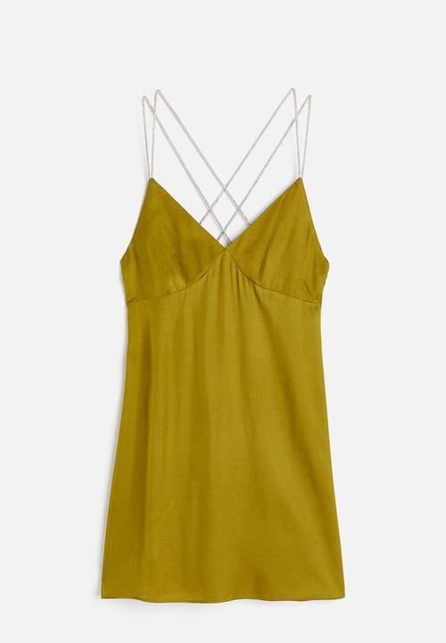H&M - Rhinestone-strap satin dress - khaki green
