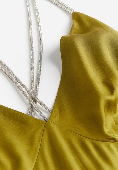 H&M - Rhinestone-strap satin dress - khaki green