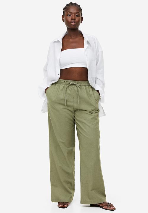 H&M - Linen-blend pull-on trousers - khaki green 