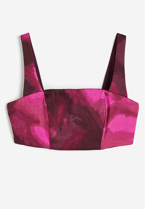 H&M - Square-neck crop top - dark pink/patterned