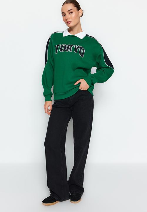 Trendyol - Colour block polo collar fleece sweatshirt - green