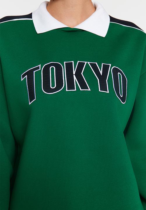 Trendyol - Colour block polo collar fleece sweatshirt - green