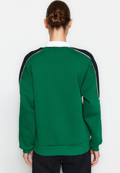 Trendyol - Colour block polo collar fleece sweatshirt - green