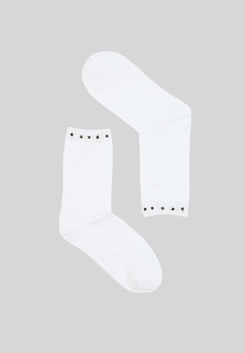 Rubi - Floral Welt Crew Sock - White Florals