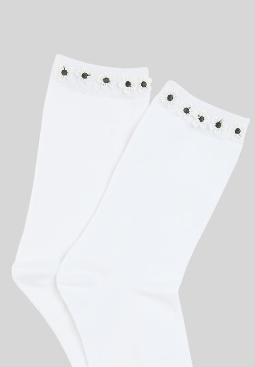 Rubi - Floral Welt Crew Sock - White Florals