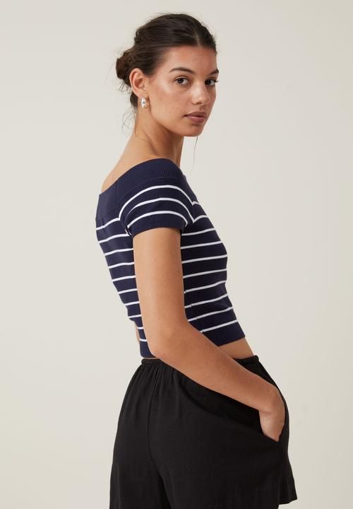 Cotton On - Rib Off Shoulder Knit - Deep Indigo/White Stripe