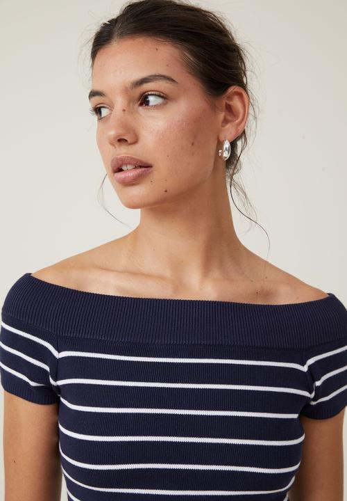 Cotton On - Rib Off Shoulder Knit - Deep Indigo/White Stripe