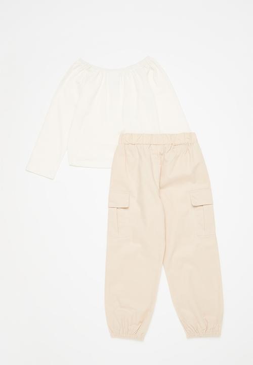 Pop Candy - Top & cargo pants set - white & beige