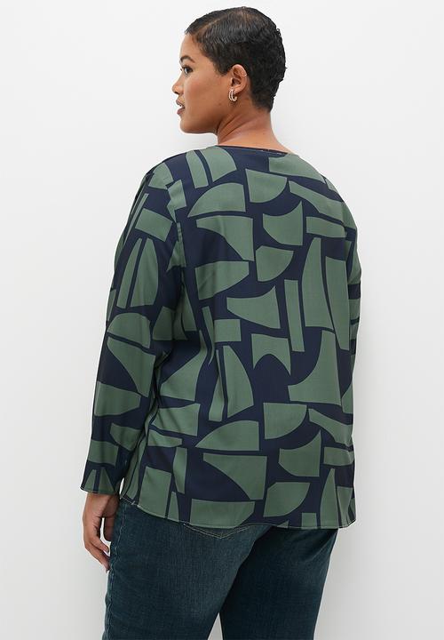 edit - Satin printed notch neck blouse - abstract geo. 