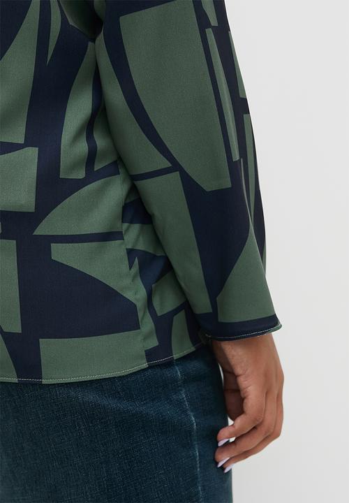 edit - Satin printed notch neck blouse - abstract geo. 