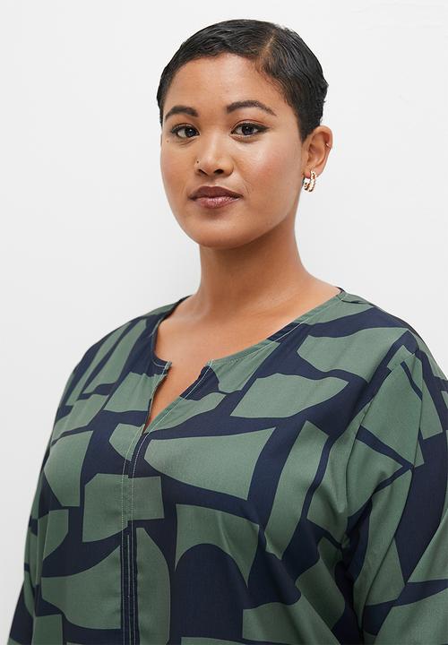 edit - Satin printed notch neck blouse - abstract geo. 
