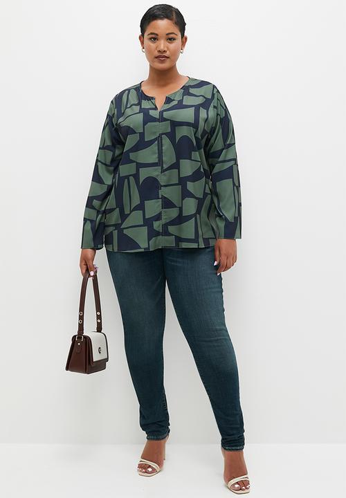 edit - Satin printed notch neck blouse - abstract geo. 