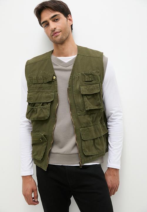 Fashion sleeveless cargo jacket - khaki